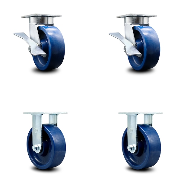 6 Inch Kingpinless Solid Poly Wheel Caster Brakes 2 Rigid, 2PK